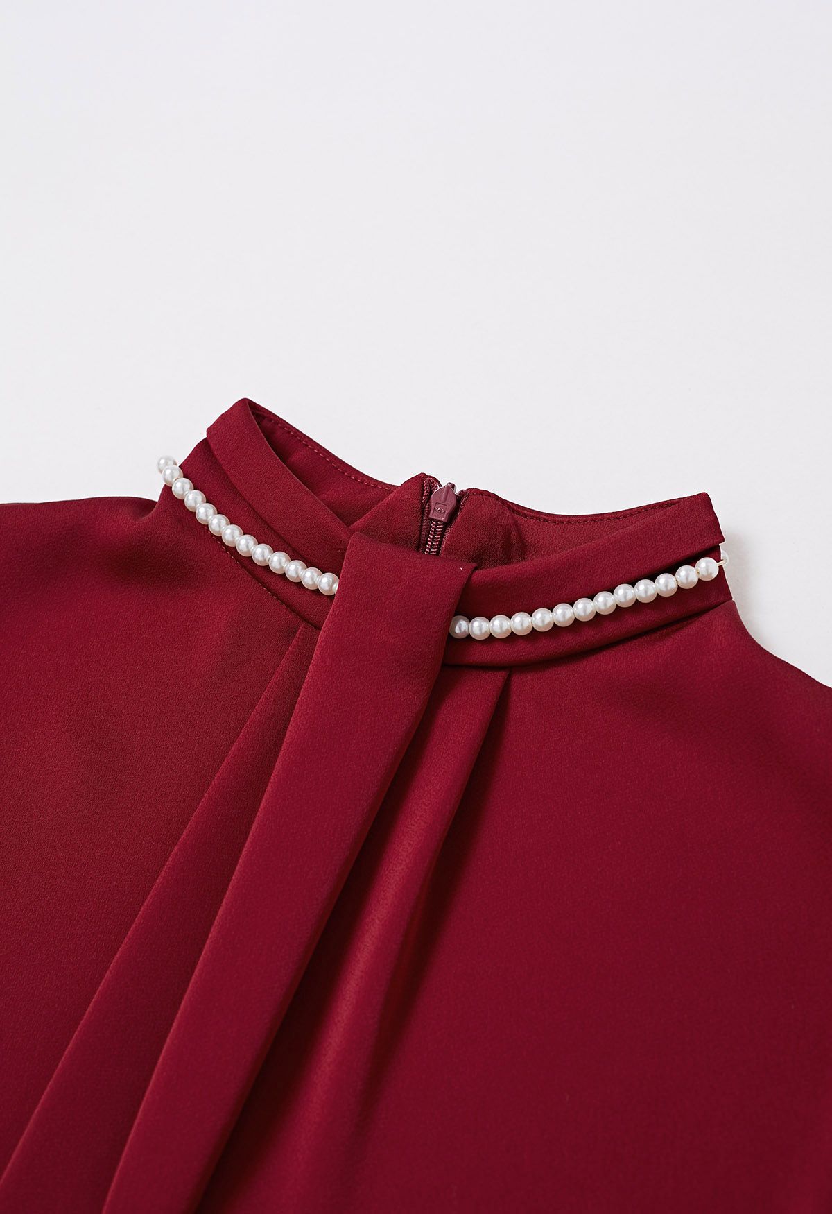 Pearl Neckline Glam Satin Top in Burgundy