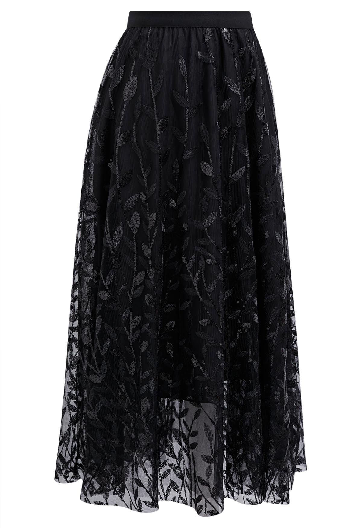 Sequin Embroidered Leaves Mesh Tulle Midi Skirt in Black
