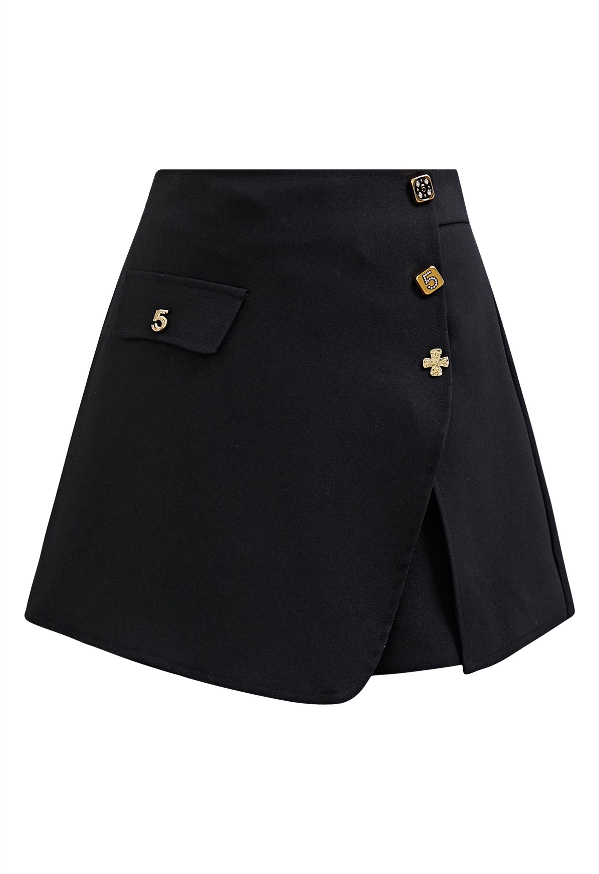 Decorative Buttons Flap Skorts in Black