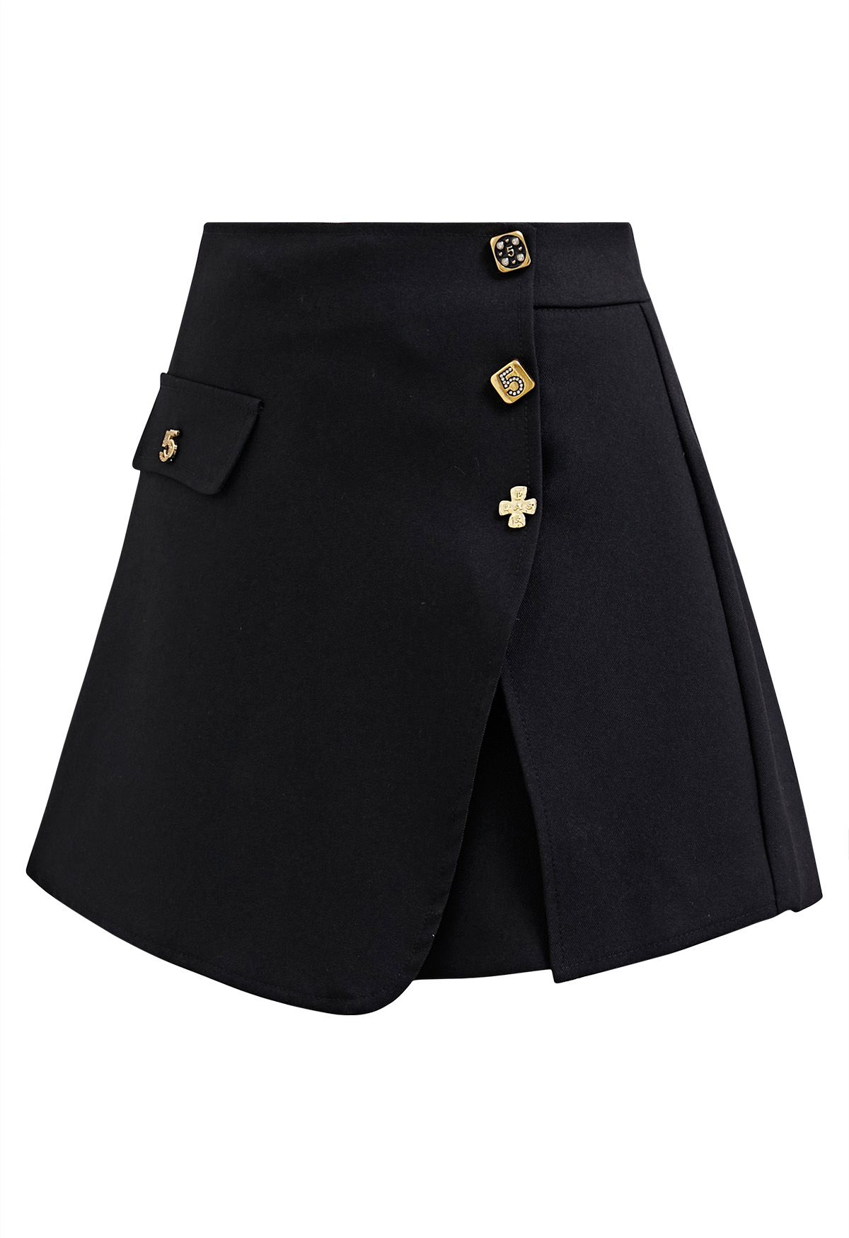 Decorative Buttons Flap Skorts in Black