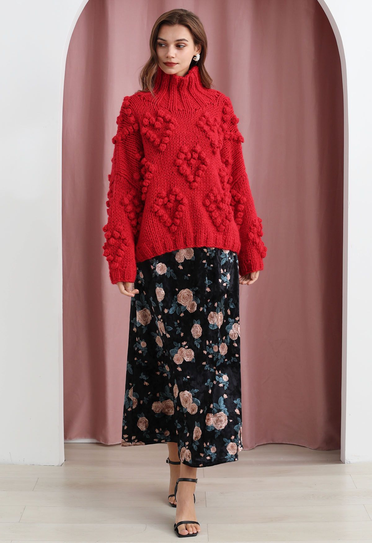 Pink Rose Printed Velvet Maxi Skirt