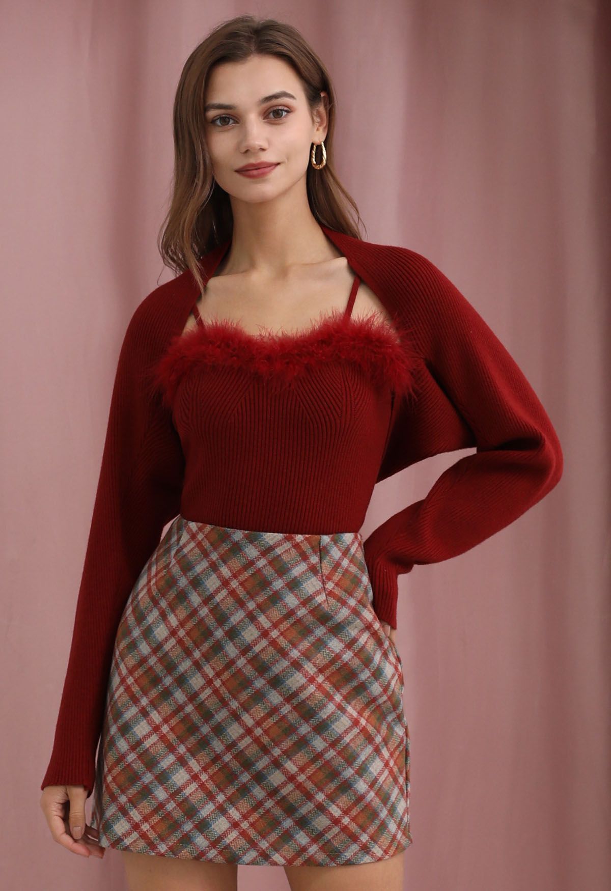 Feather Trim Cami Top and Sweater Sleeve Set in Burgundy