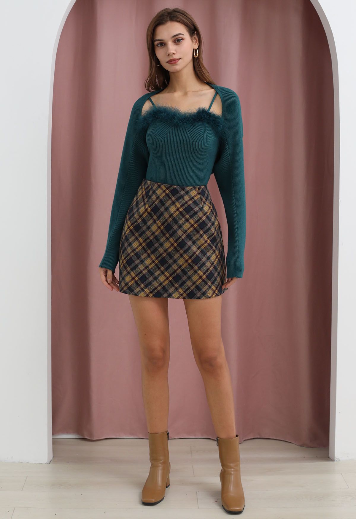 Retro Plaid Wool-Blend Mini Bud Skirt in Yellow