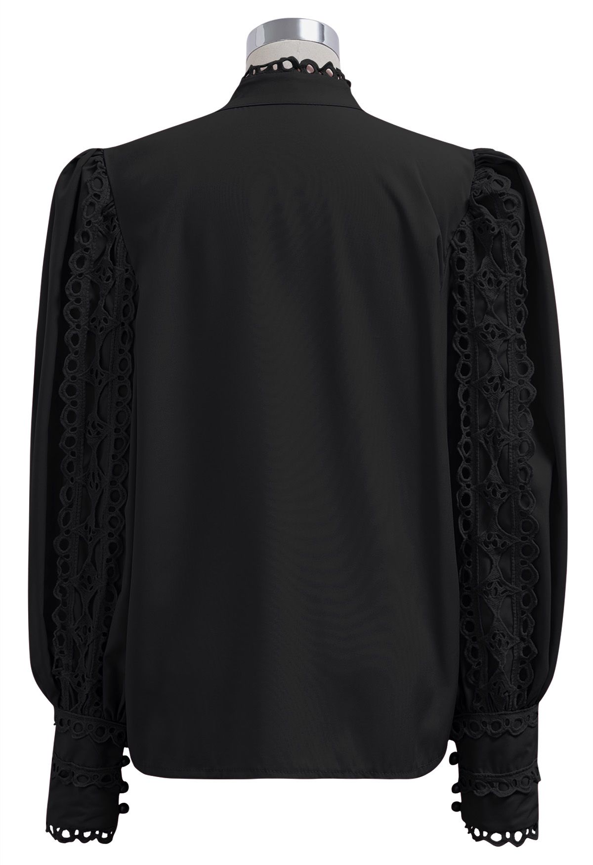 Exquisite Cutwork Bubble Sleeves Button-Up Shirt in Black