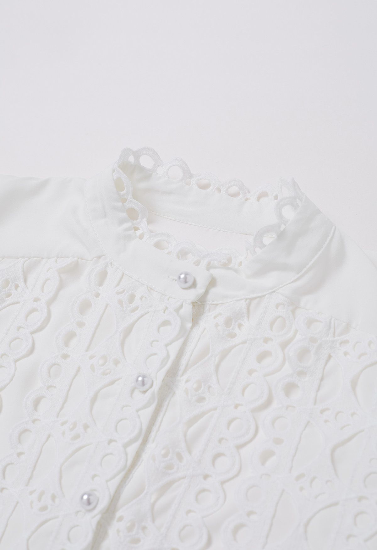 Exquisite Cutwork Bubble Sleeves Button-Up Shirt in White