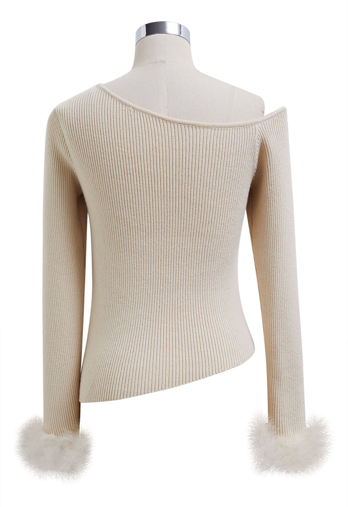 One-Shoulder Feathered Cuffs Knit Top in Cream