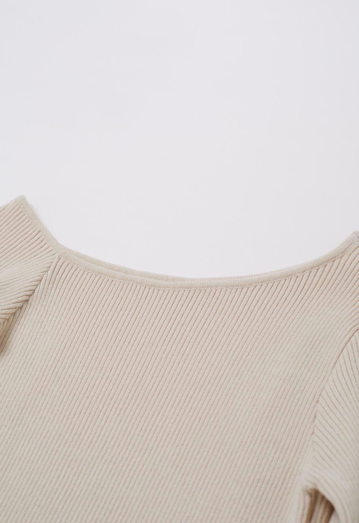 One-Shoulder Feathered Cuffs Knit Top in Cream