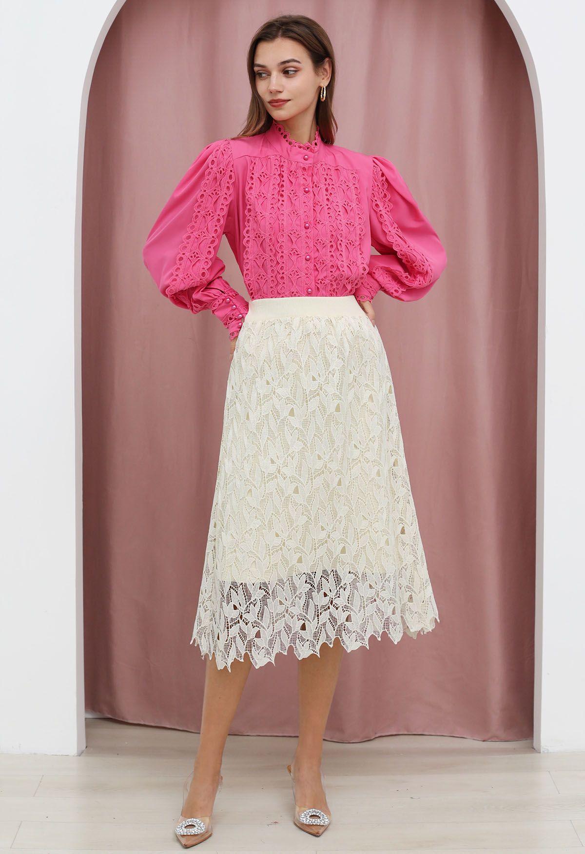 Exquisite Cutwork Bubble Sleeves Button-Up Shirt in Hot Pink