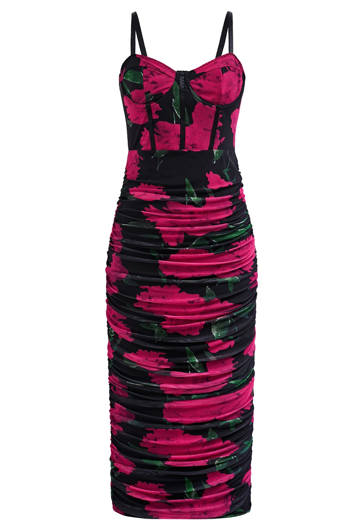 Hot Pink Floral Ruched Mesh Cami Dress