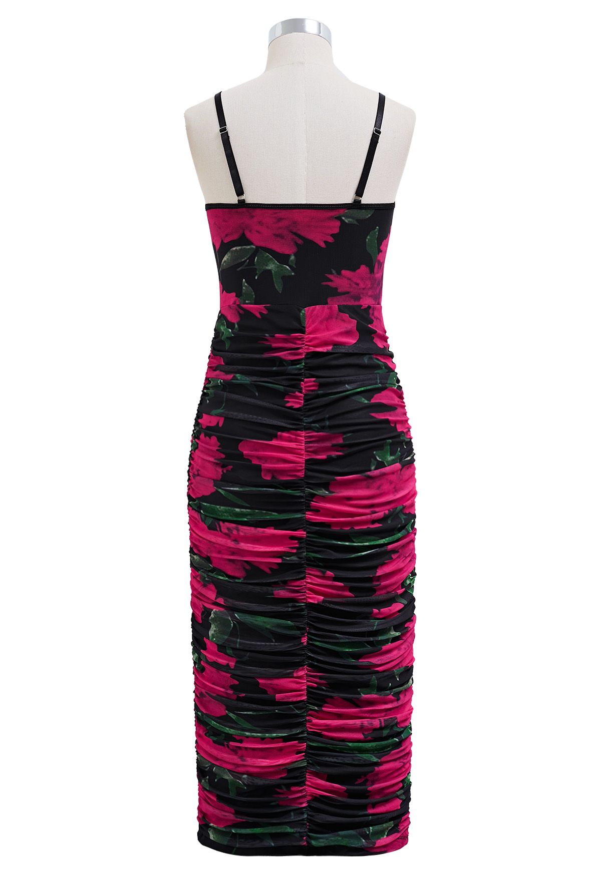 Hot Pink Floral Ruched Mesh Cami Dress