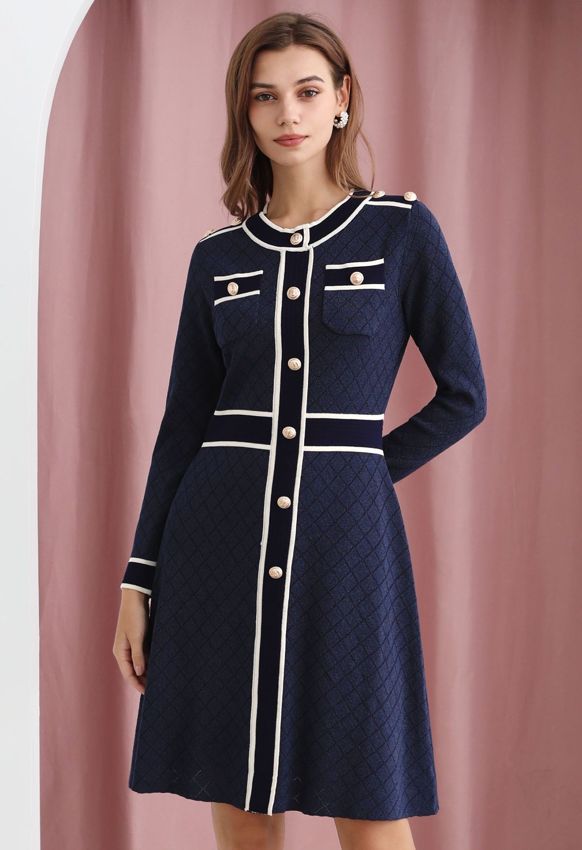 Contrast Details Shimmer Knit Eyelet Dress in Navy