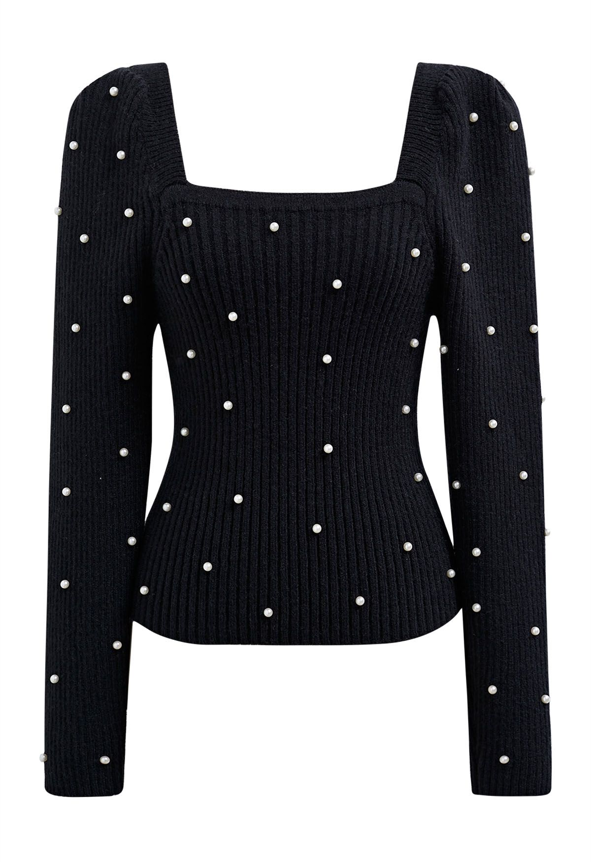 Pearl Adorned Square Neck Knit Top in Black