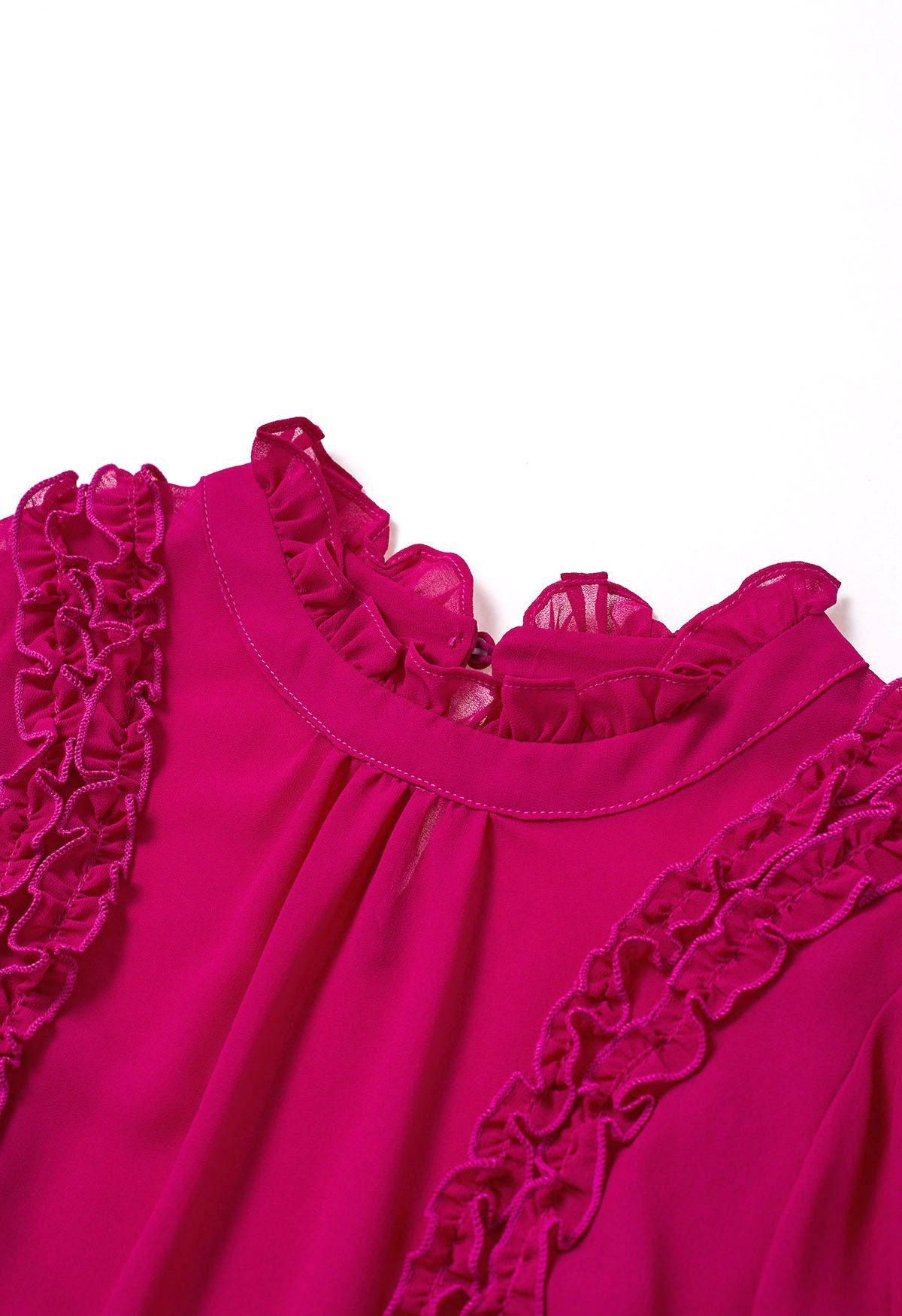 Ruffle Adorned Bubble Sleeves Chiffon Top in Hot Pink