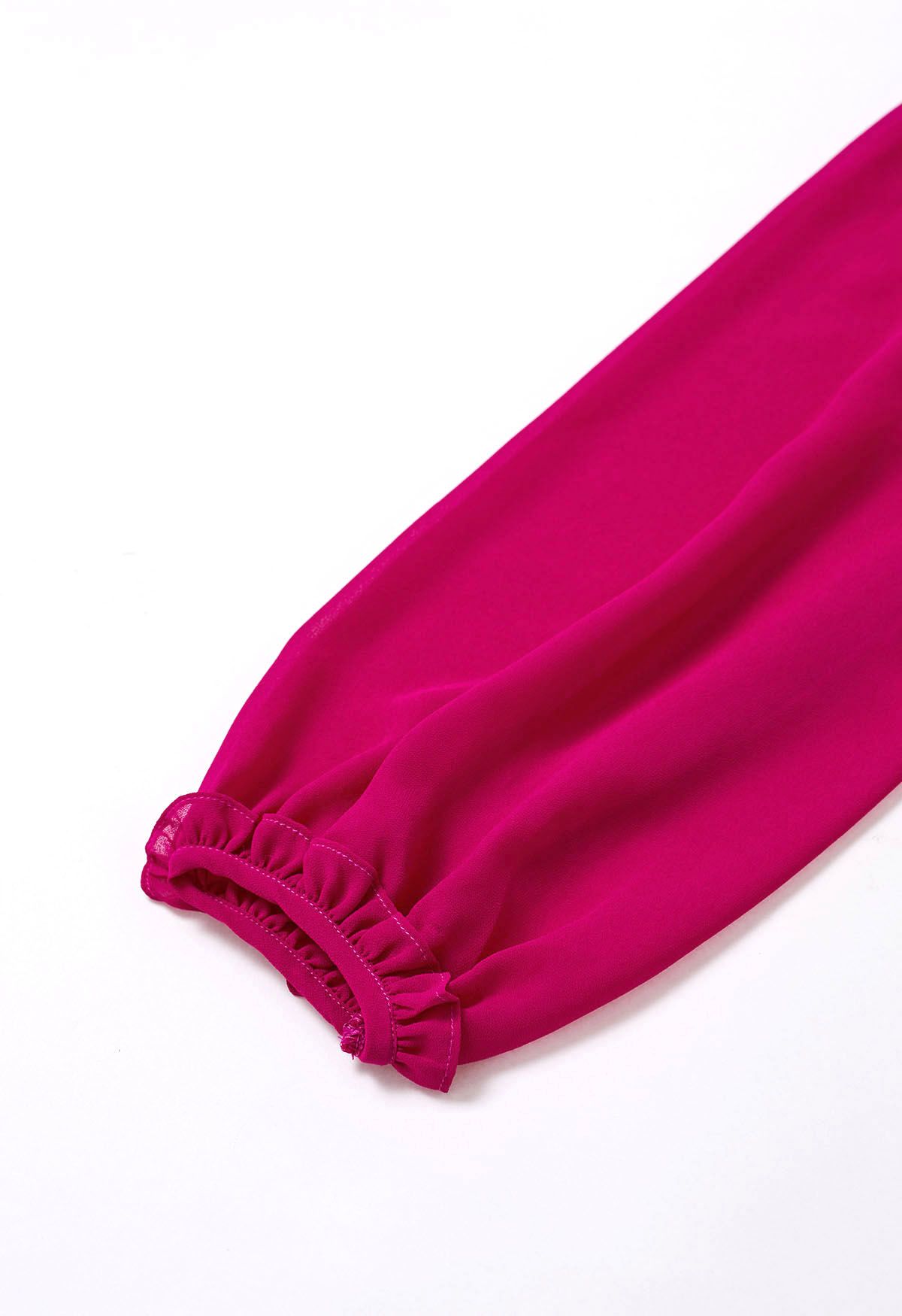 Ruffle Adorned Bubble Sleeves Chiffon Top in Hot Pink