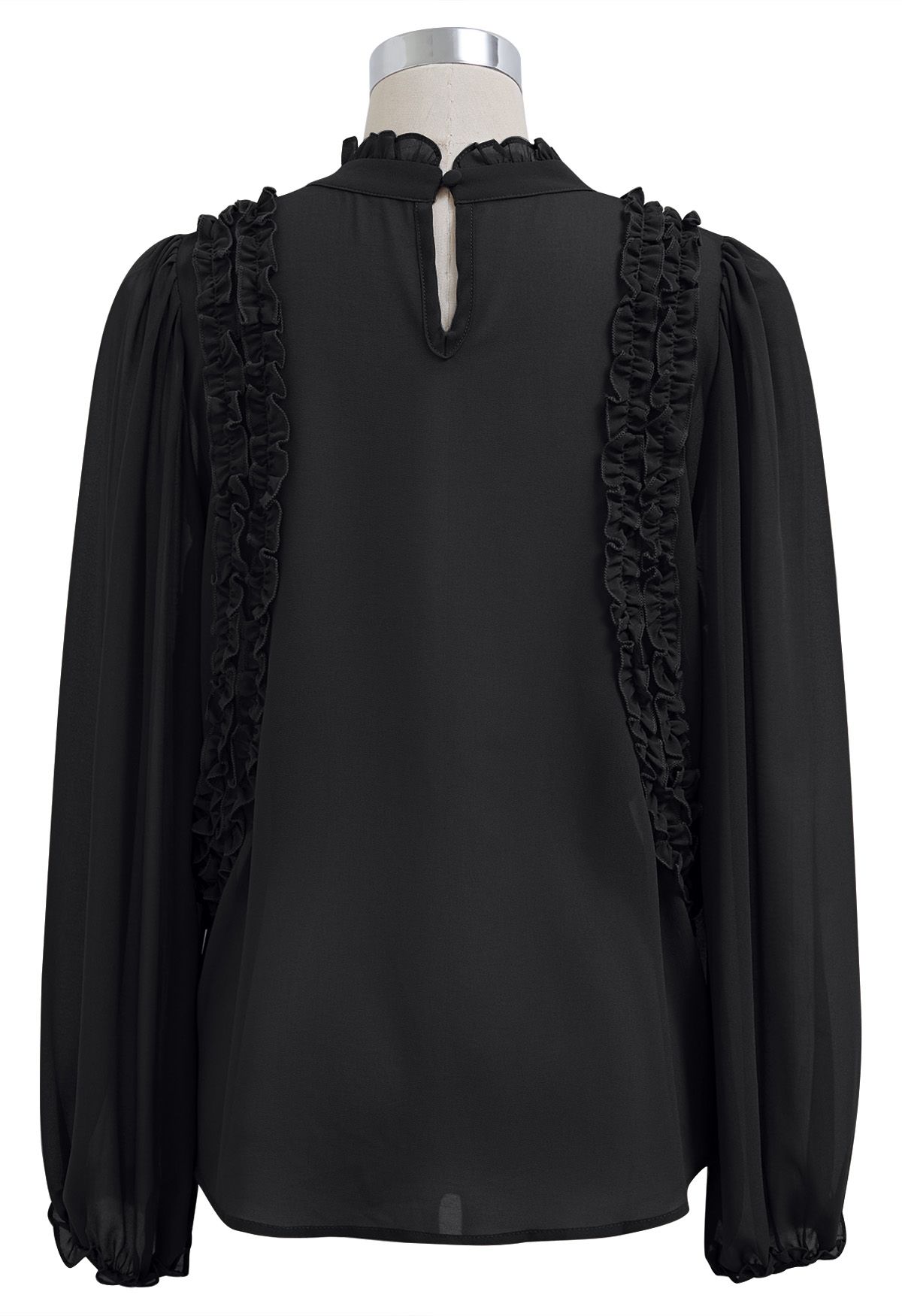 Ruffle Adorned Bubble Sleeves Chiffon Top in Black