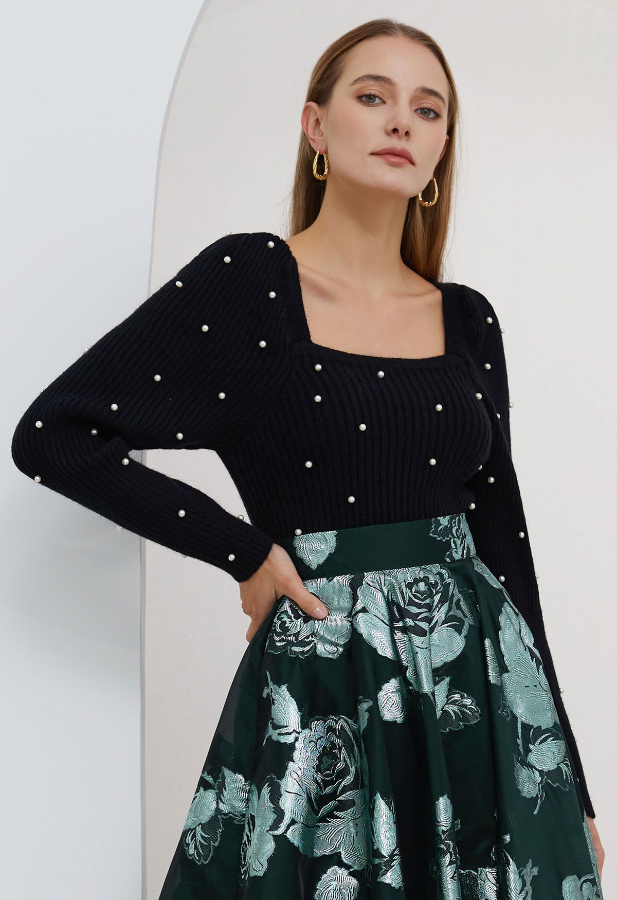 Pearl Adorned Square Neck Knit Top in Black