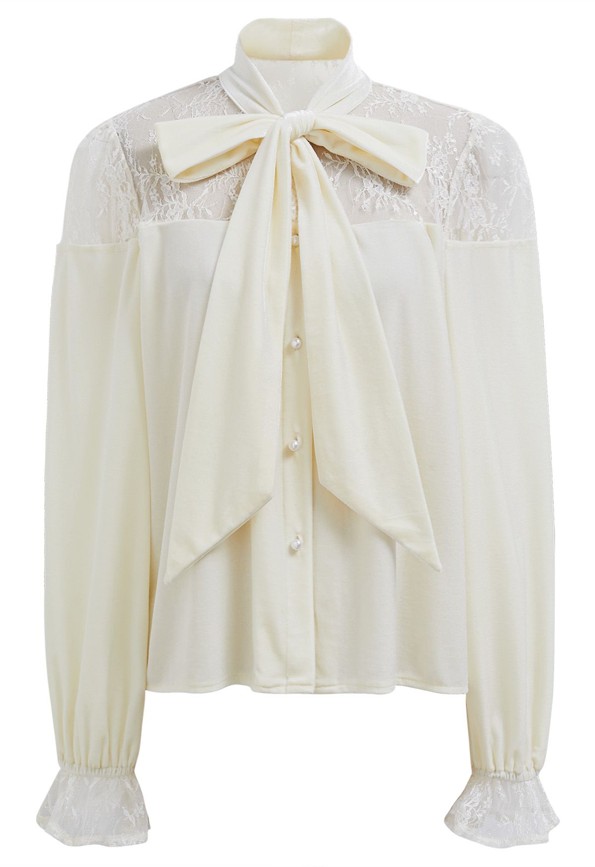 Floral Lace Spliced Bowknot Velvet Shirt in Cream