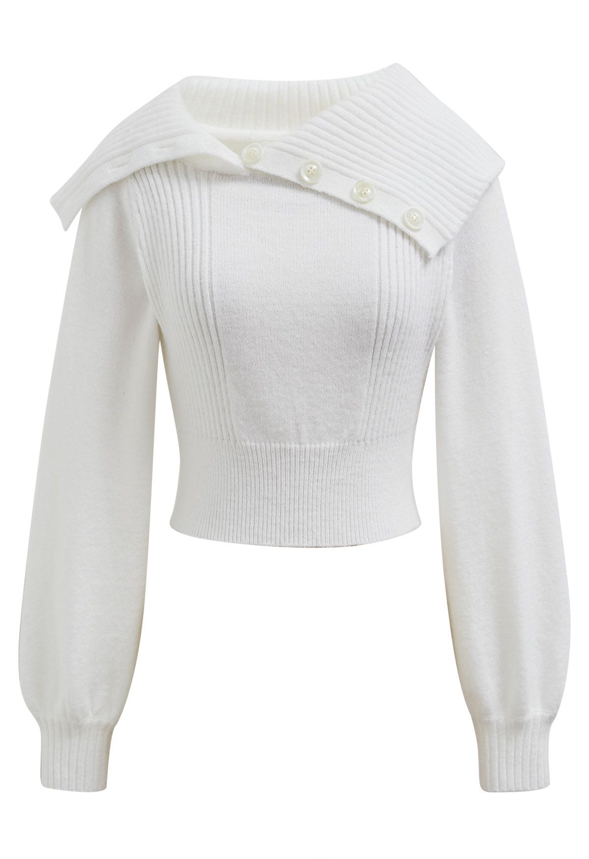 Flap Buttoned Collar Knit Crop Top in White