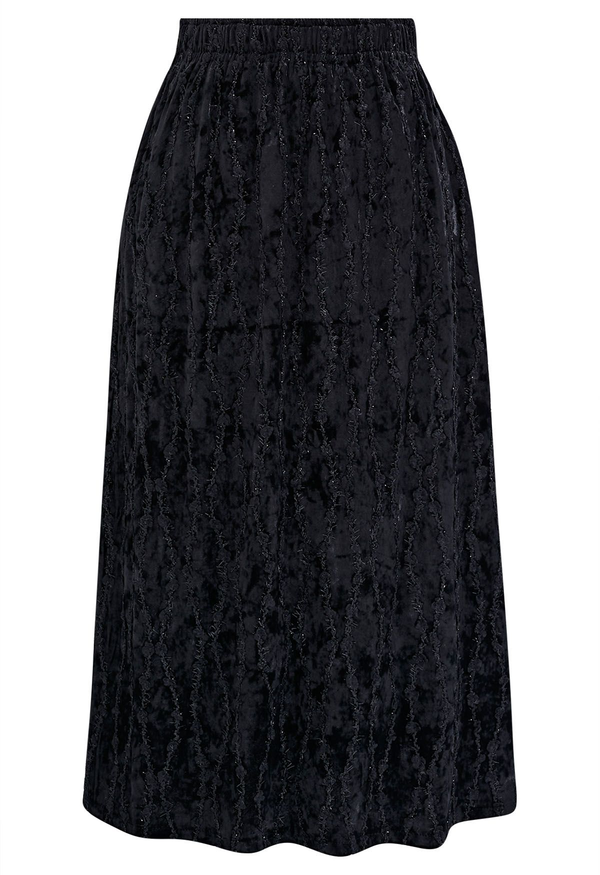 3D Floret Shimmer Fringe Velvet Midi Skirt in Black