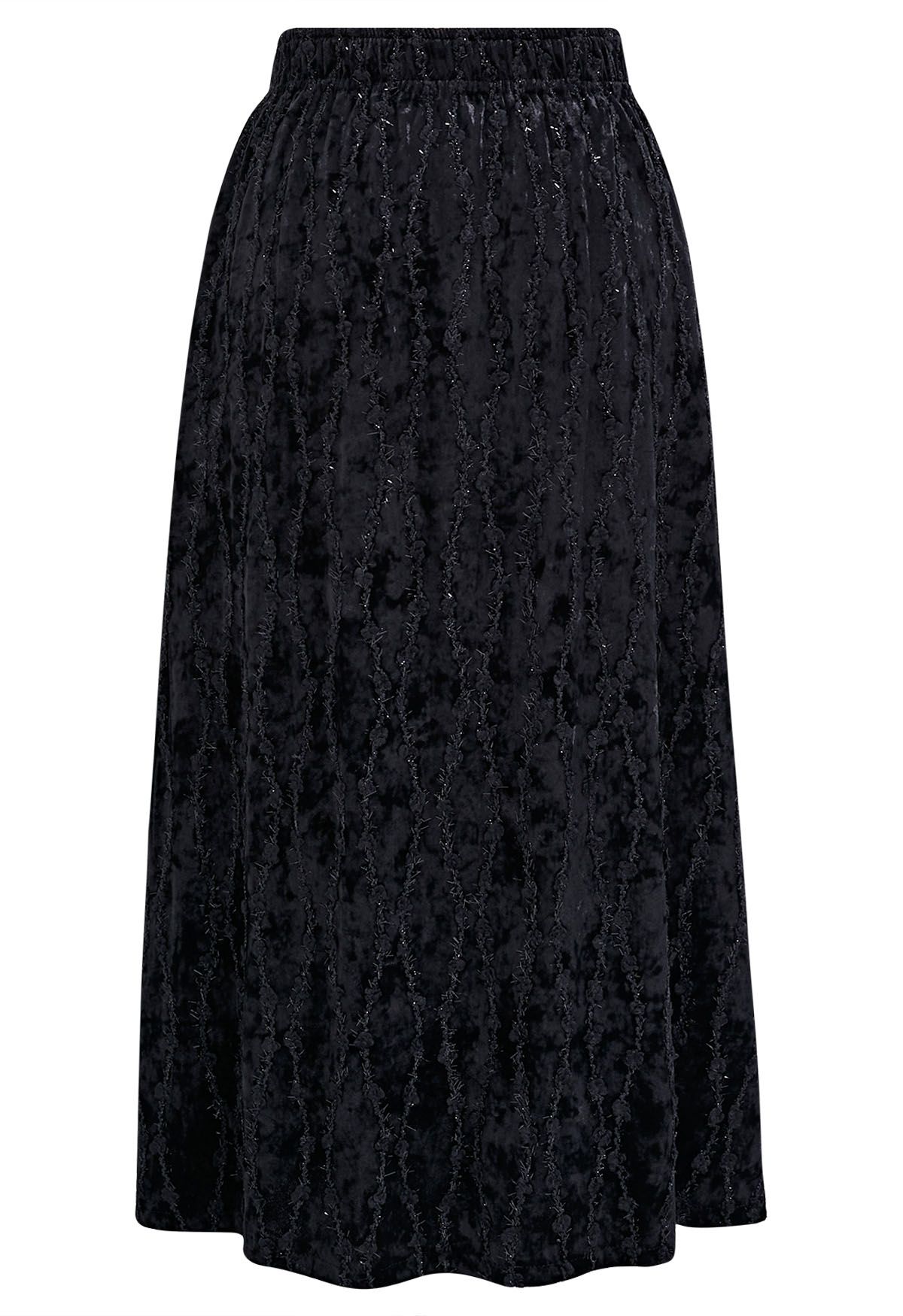 3D Floret Shimmer Fringe Velvet Midi Skirt in Black