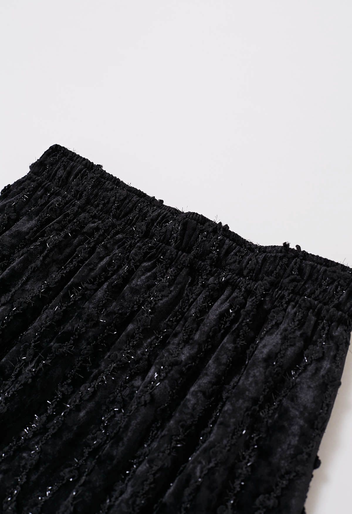 3D Floret Shimmer Fringe Velvet Midi Skirt in Black