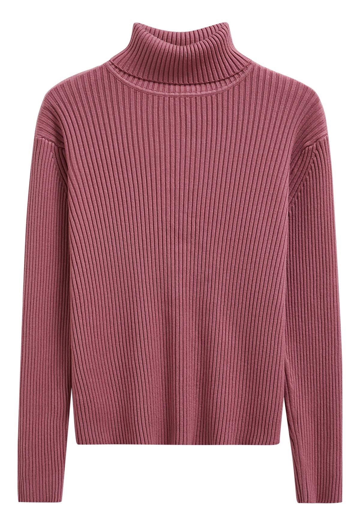 Versatile Turtleneck Ribbed Knit Sweater in Berry