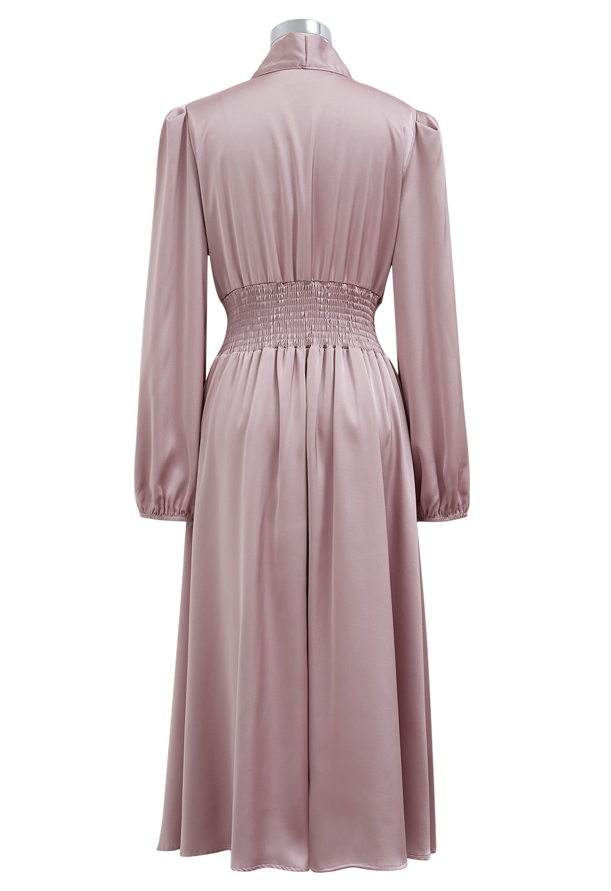 Bowknot Shirred Waist Satin Midi Dress in Pink