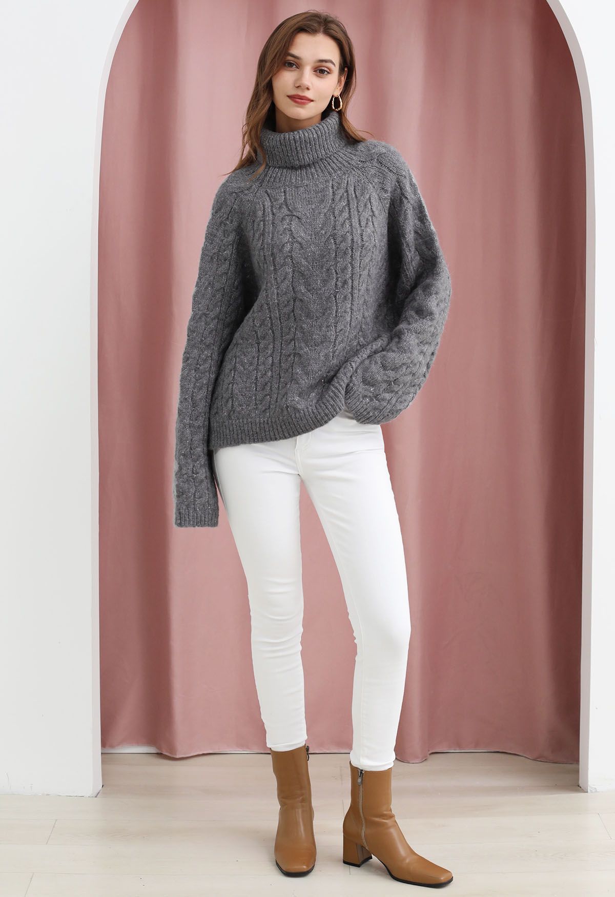 Turtleneck Sequin Cable Knit Sweater in Grey