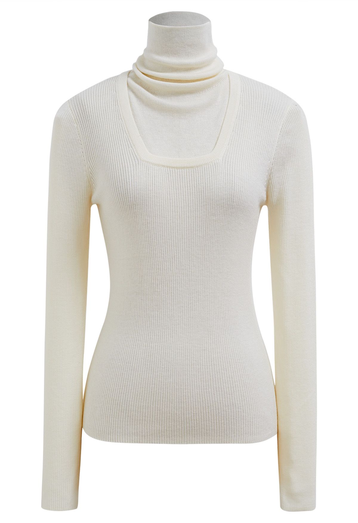 Fake Two-Piece High Neck Knit Top in Cream