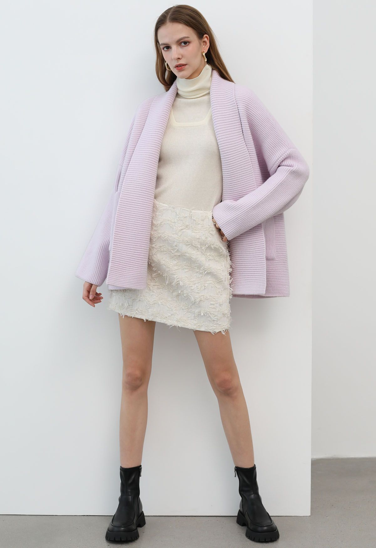 Shawl Collar Ribbed Knit Cardigan in Lilac