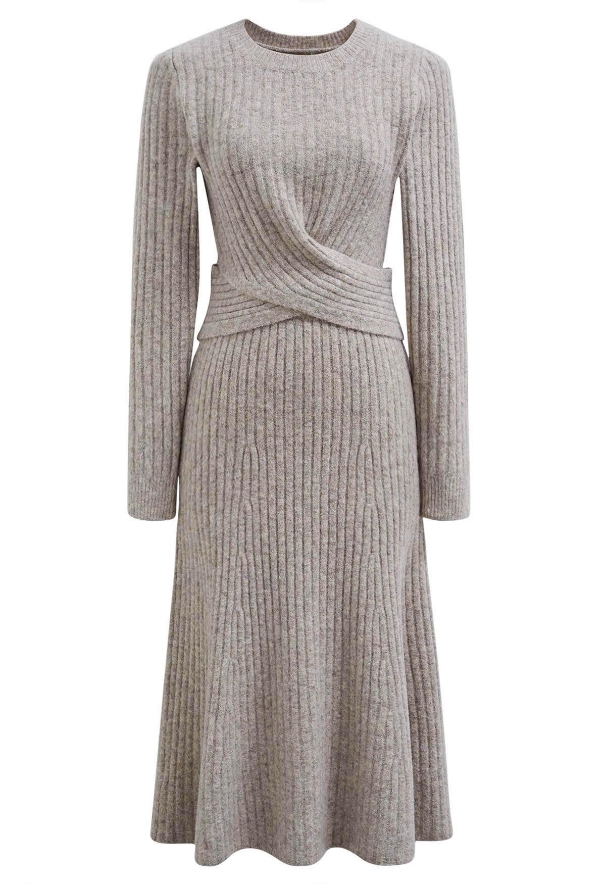 Cross Waist Wool-Blend Top and Skirt Set in Oatmeal