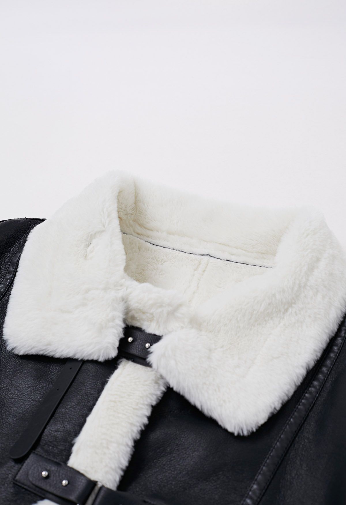 Faux Fur Buckle Fastening PU Leather Jacket in Black