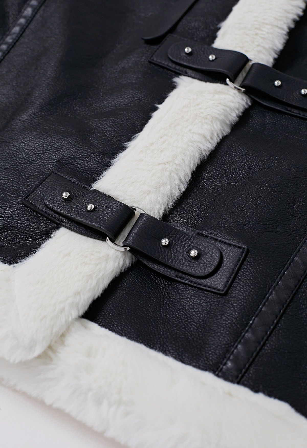 Faux Fur Buckle Fastening PU Leather Jacket in Black