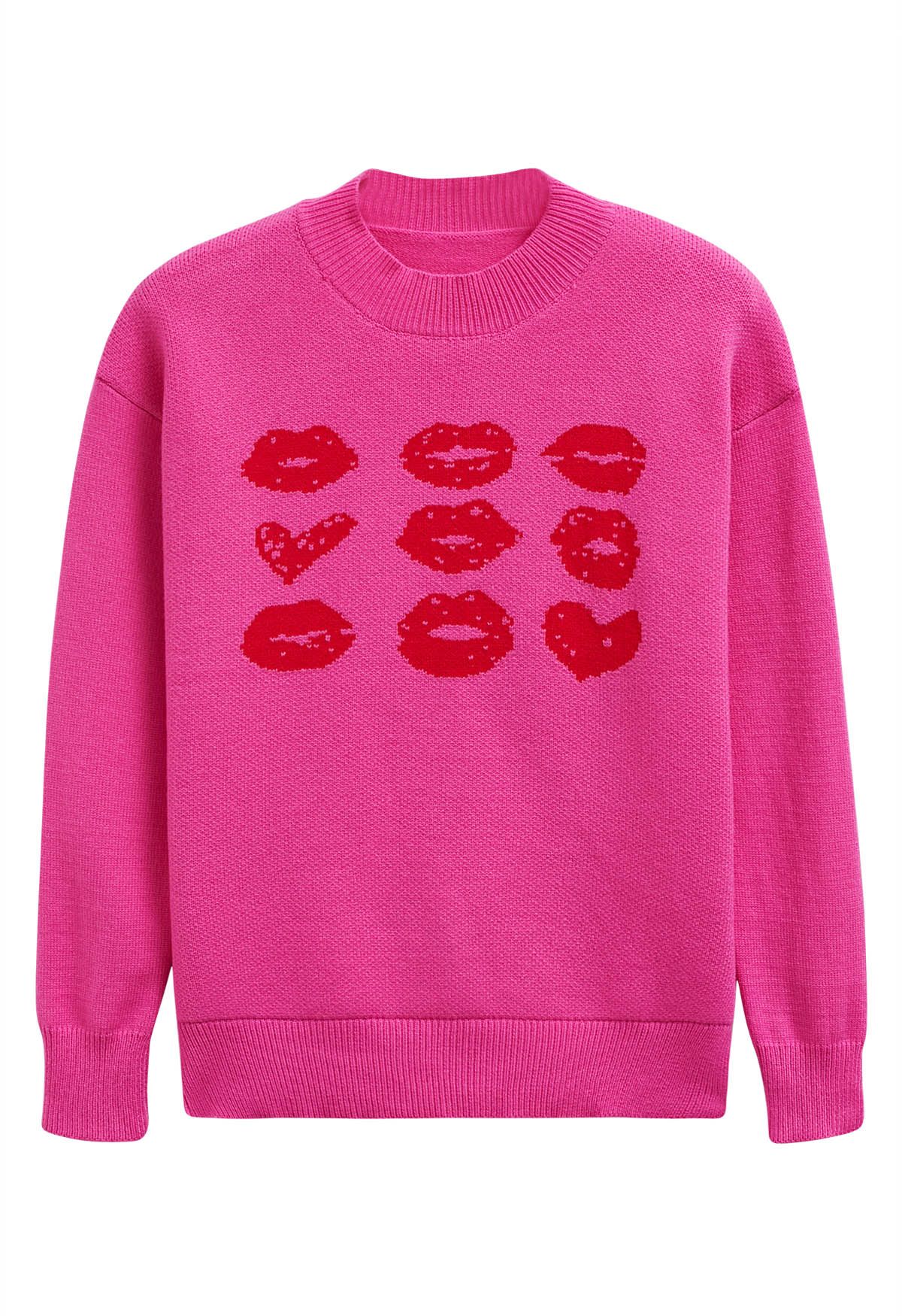 Red Lips Pattern Knit Sweater in Hot Pink