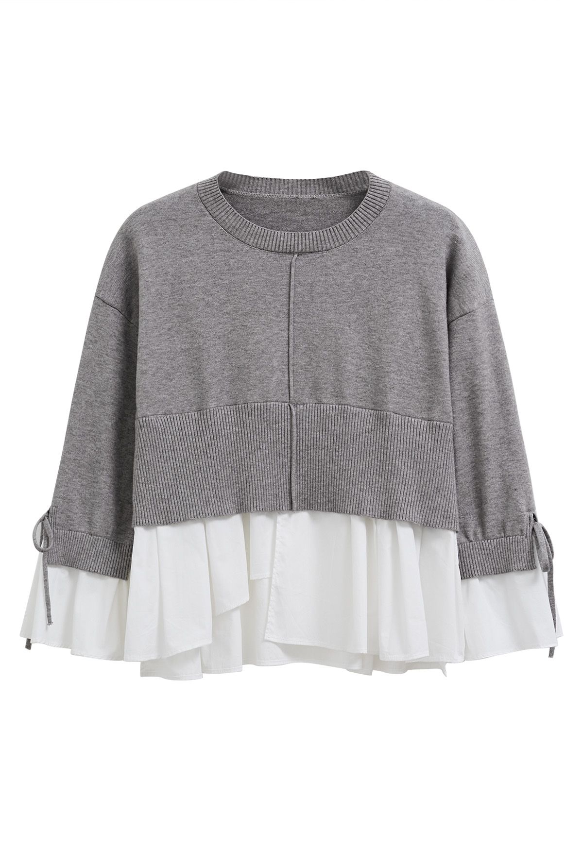 Tie-String Cuffs Spliced Cotton Hem Knit Top in Grey