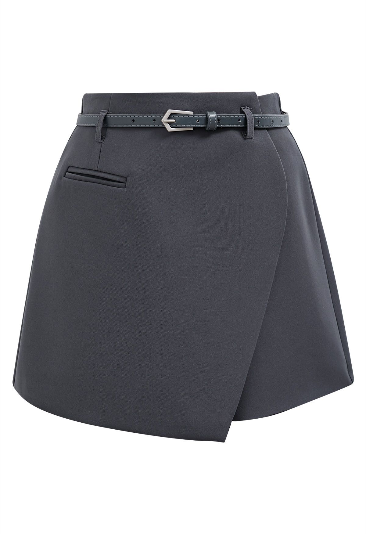 Welt Pocket Belted Flap Skorts in Grey