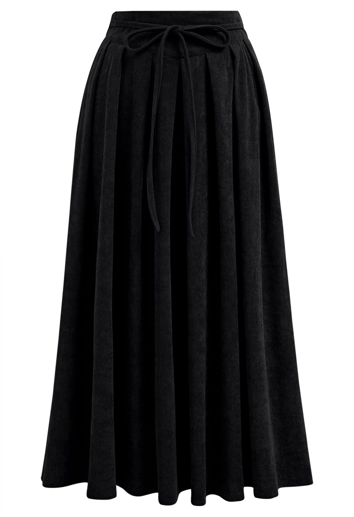 Tie-Waist Pleated Corduroy Midi Skirt in Black