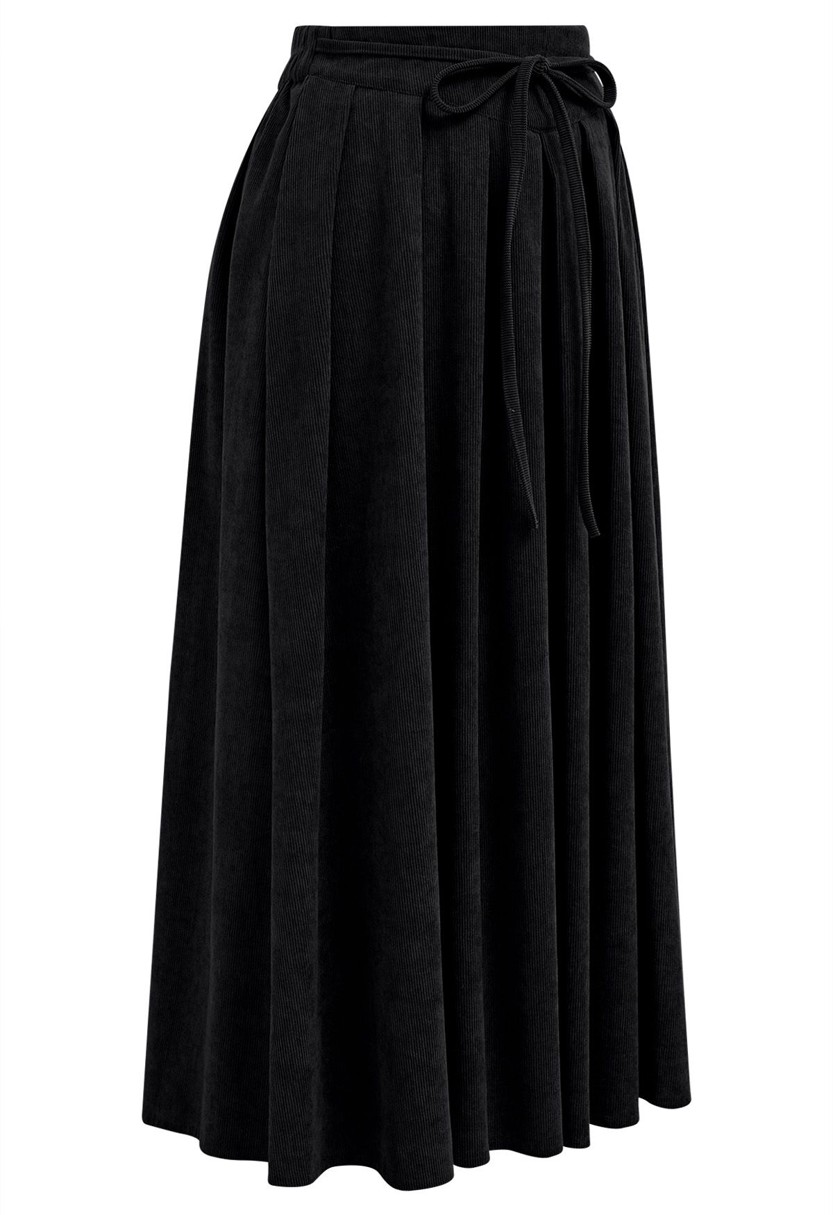 Tie-Waist Pleated Corduroy Midi Skirt in Black