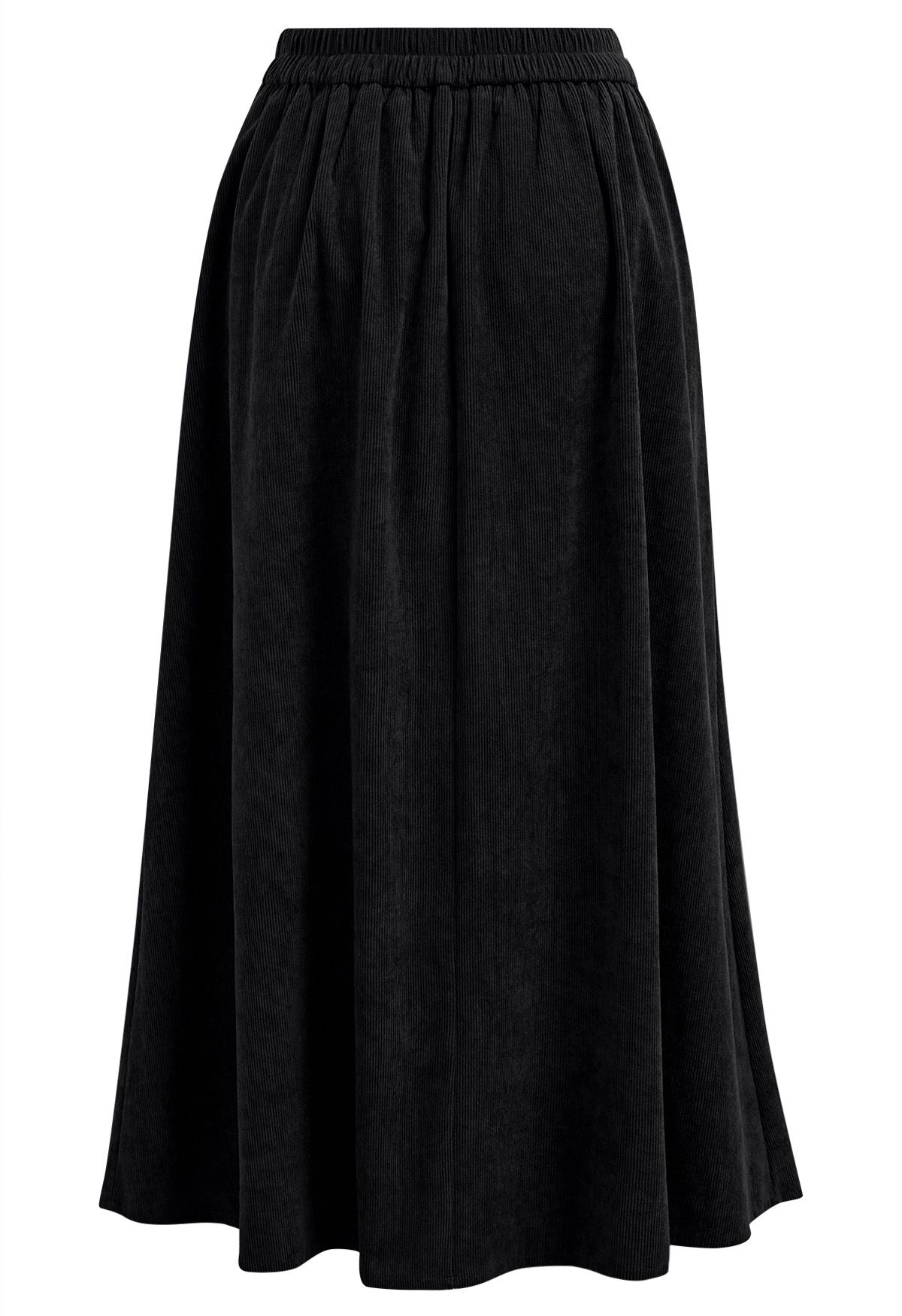 Tie-Waist Pleated Corduroy Midi Skirt in Black