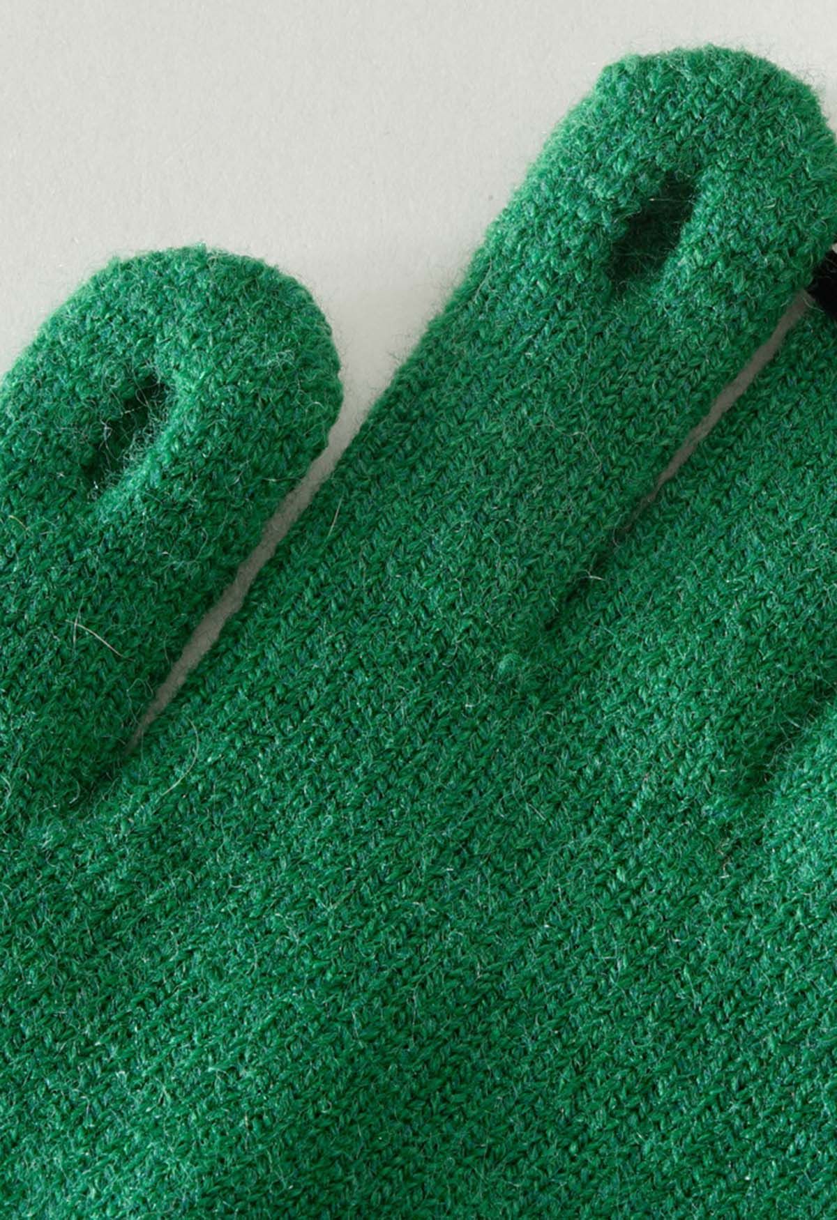Bowknot Decor Fingerhole Knit Gloves in Green