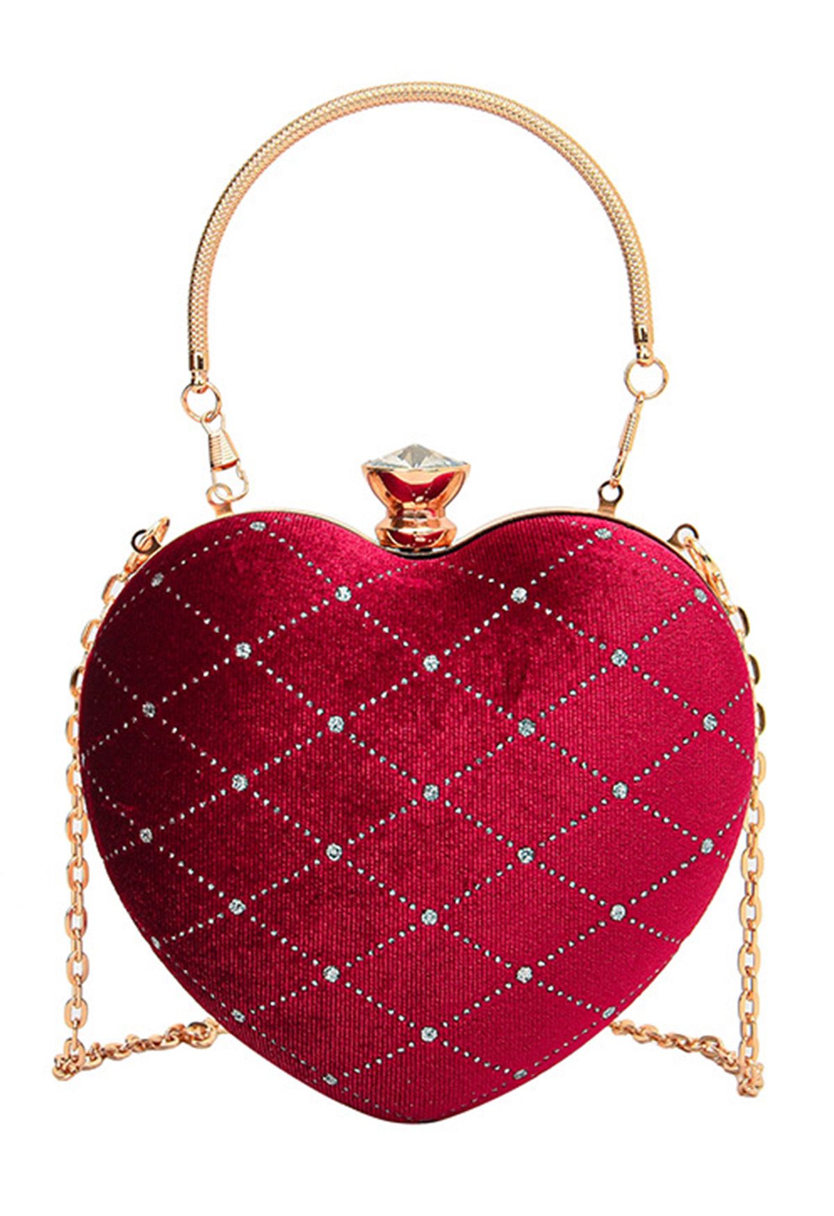 High-End Diamond-Shape Velvet Heart Clutch in Red