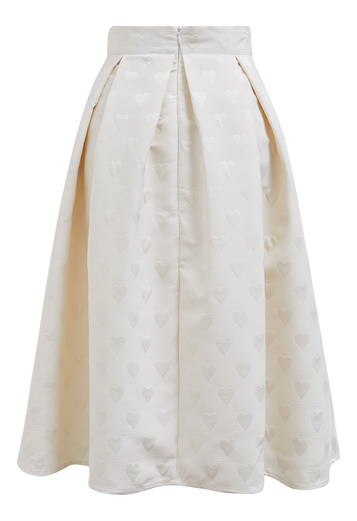 Embossed Heart Jacquard Pleated Flare Midi Skirt in Ivory