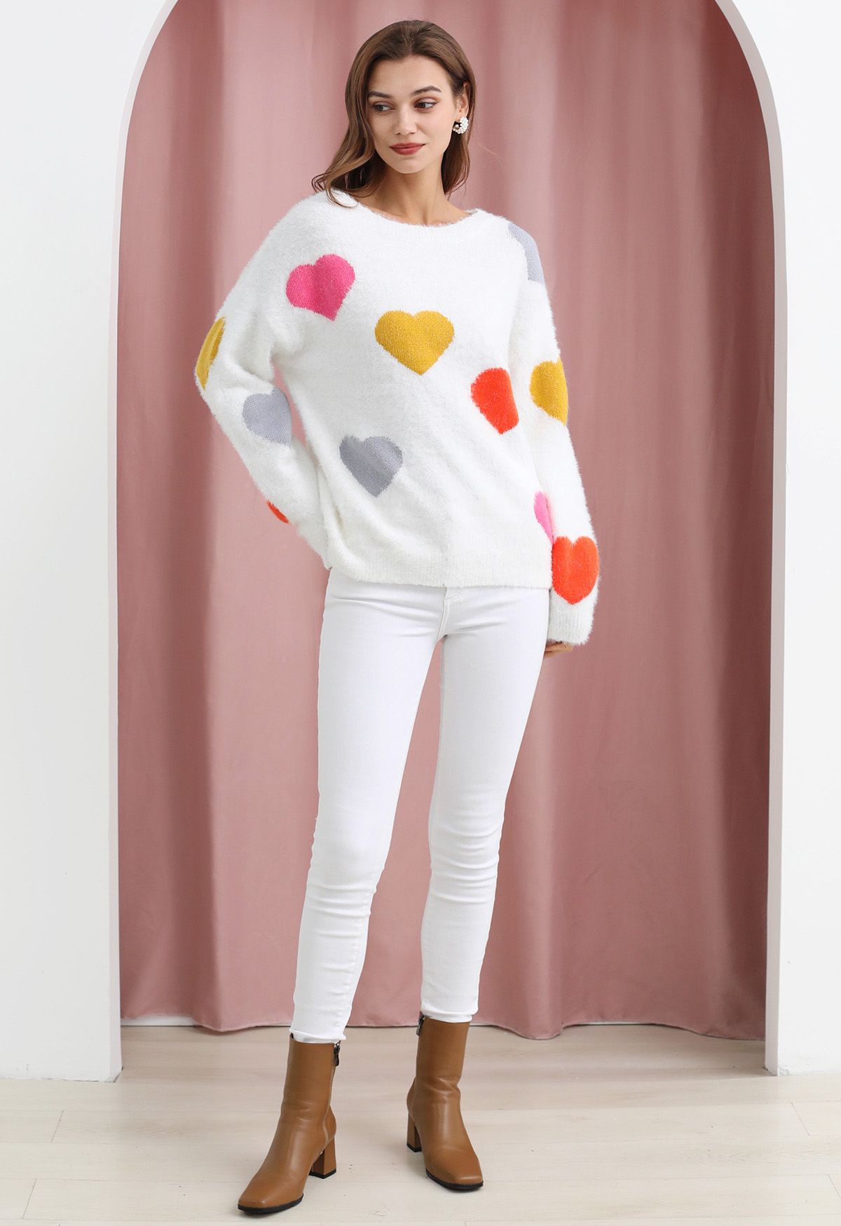 Colorful Heart Pattern Fuzzy Knit Sweater
