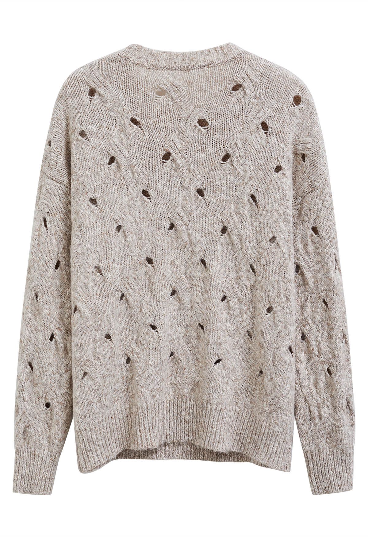 Hollow Out Mix-Color Cable Knit Sweater in Oatmeal