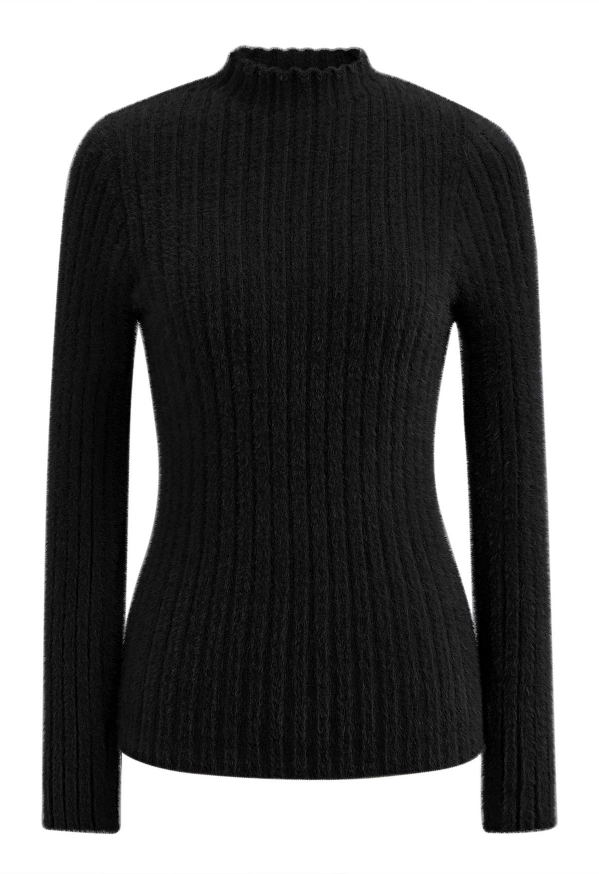 Mock Neck Fuzzy Rib Knit Top in Black