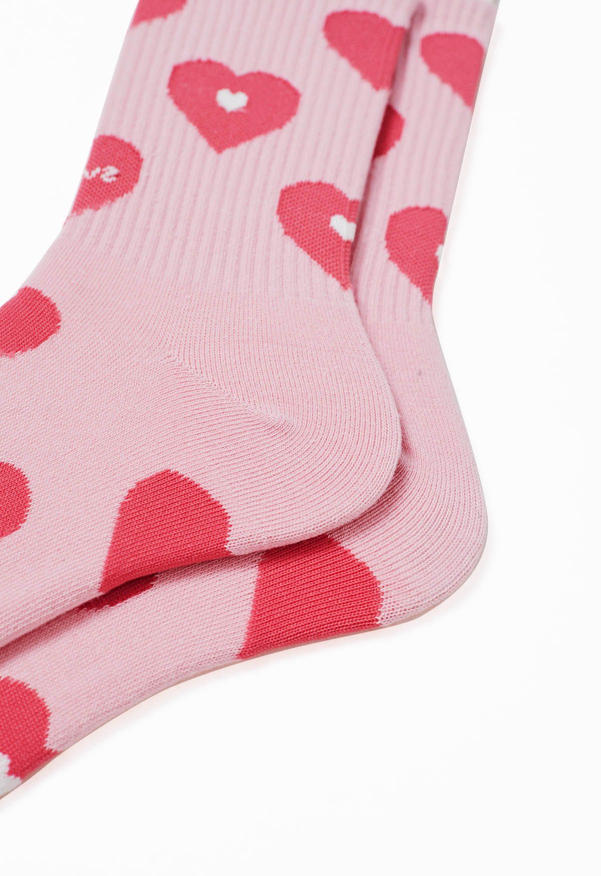 Double-Heart Pastel Pink Crew Socks
