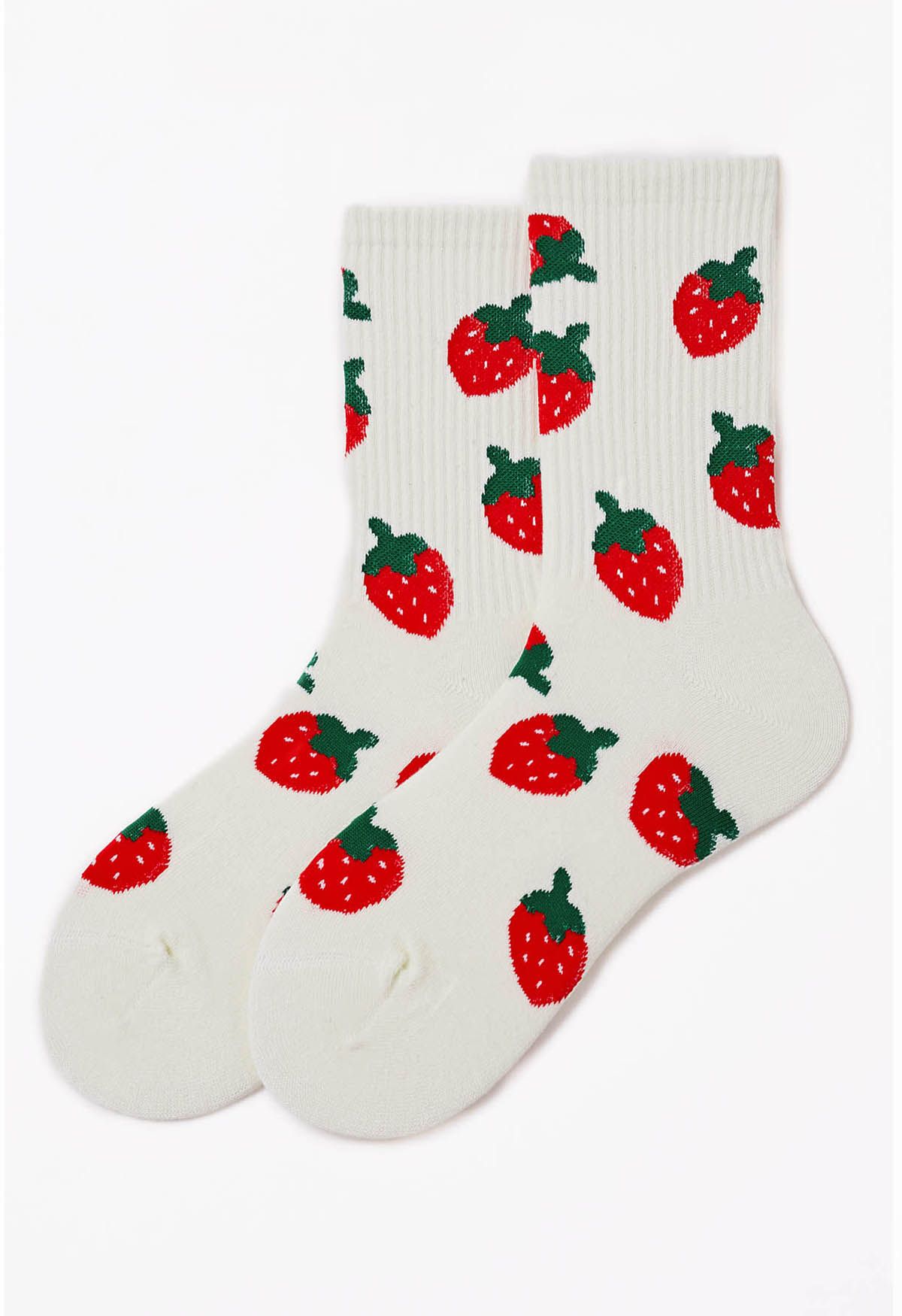 Cartoon Strawberry Cotton Crew Socks