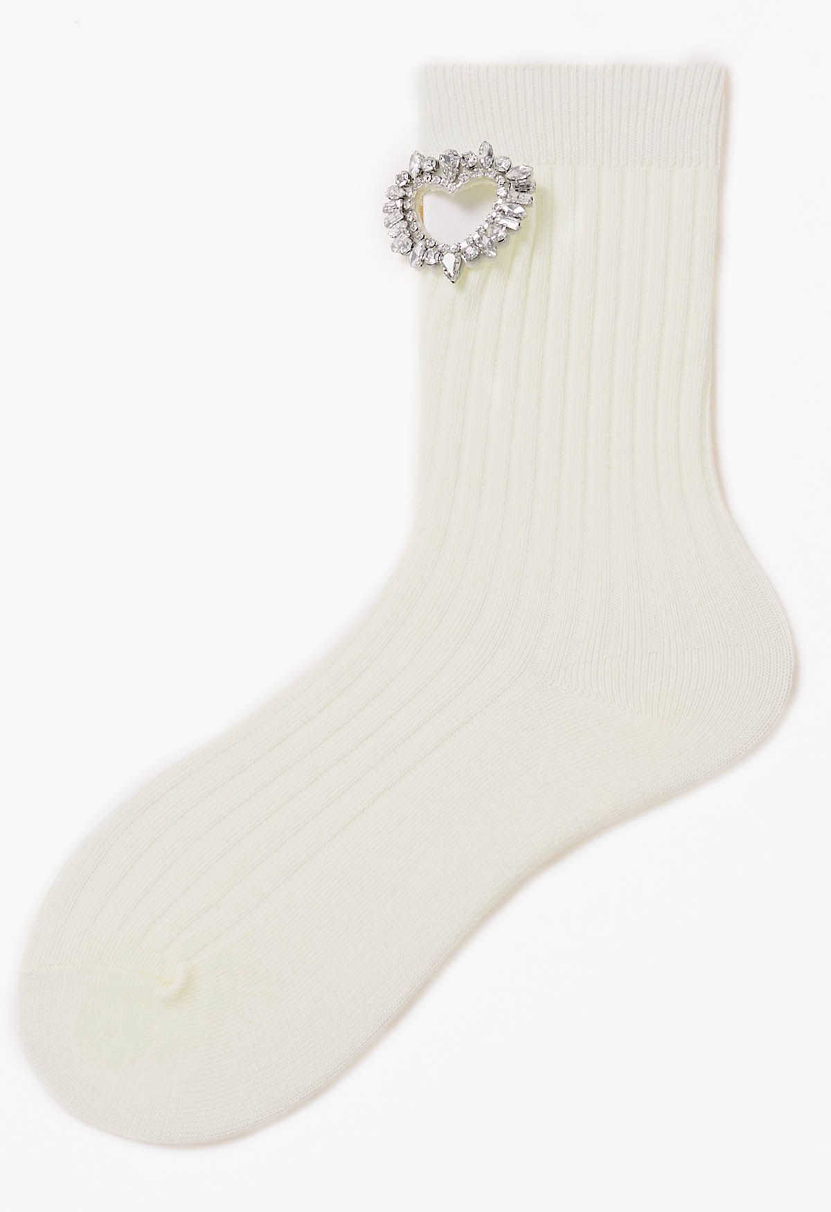 Rhinestone Hollow Out Heart Cotton Socks in White