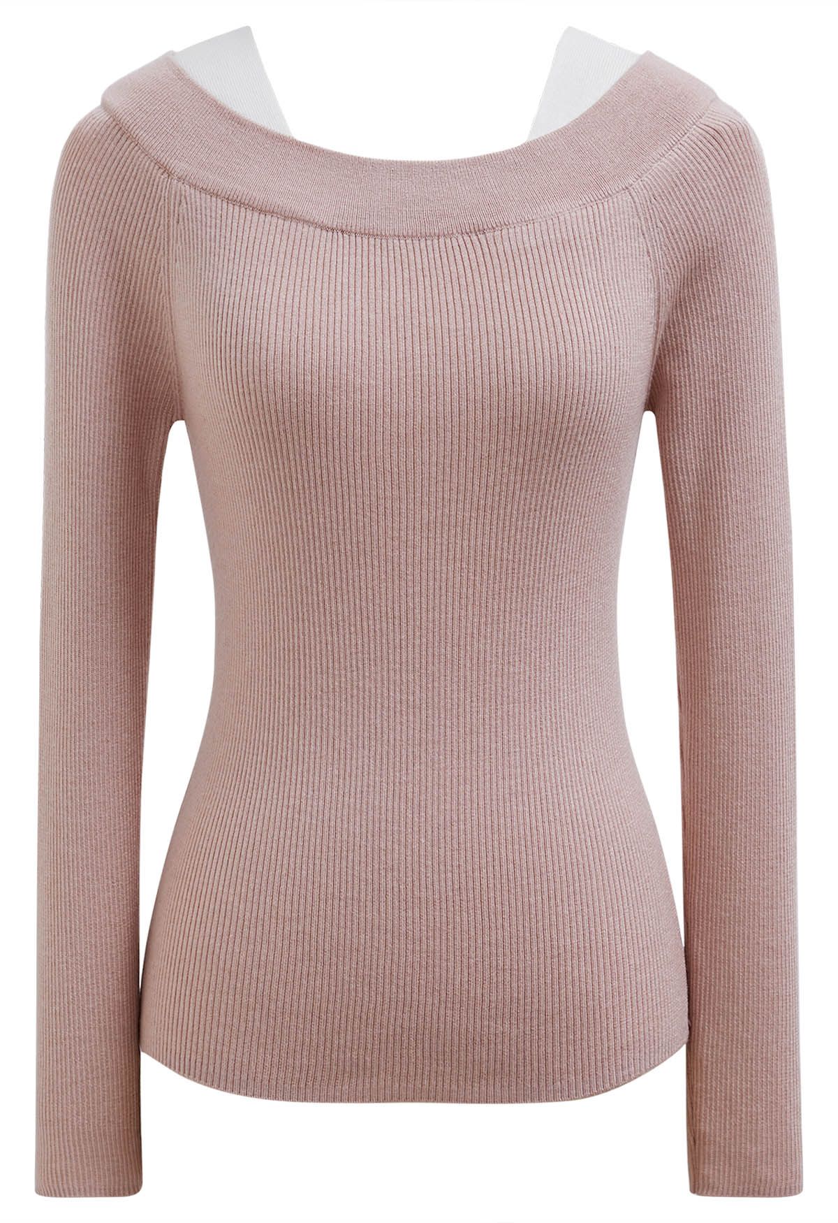 Color Blocked Neckline Knit Top in Pink