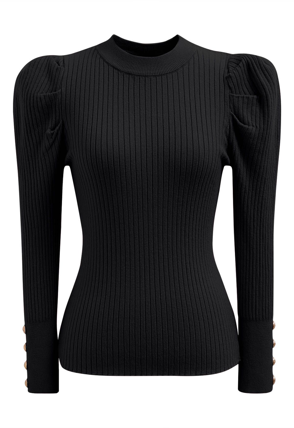 Modern Gigot Sleeves Rib Knit Top in Black